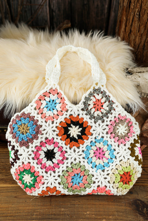 Bohemian Floral Pattern Knit Crochet Tote Bag