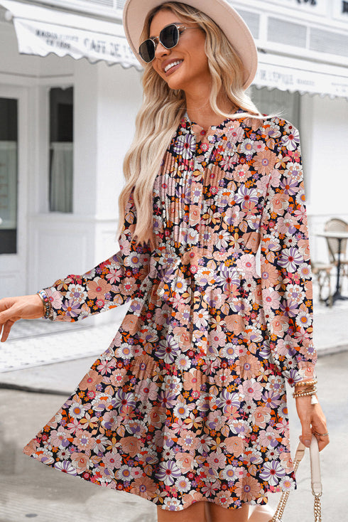 Bohemian Floral Pintuck Pleated Belted Long Sleeve Mini Dress