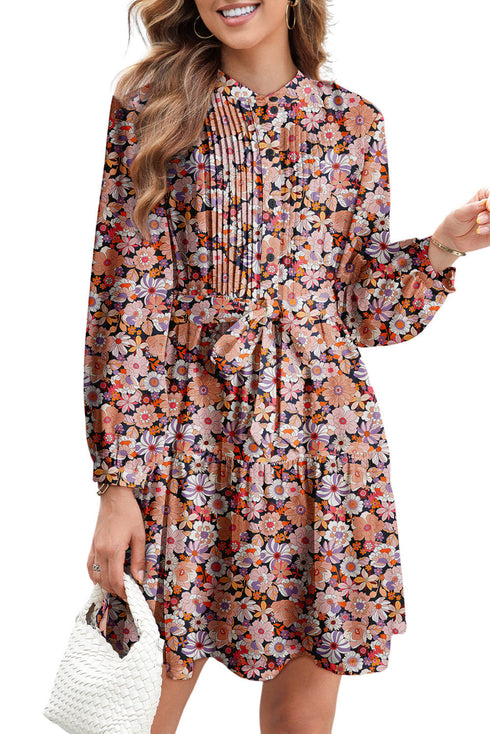 Bohemian Floral Pintuck Pleated Belted Long Sleeve Mini Dress