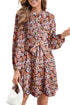 Bohemian Floral Pintuck Pleated Belted Long Sleeve Mini Dress