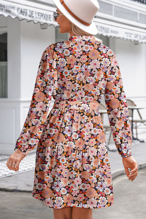 Bohemian Floral Pintuck Pleated Belted Long Sleeve Mini Dress