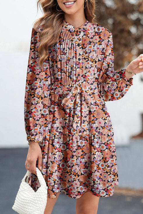 Bohemian Floral Pintuck Pleated Belted Long Sleeve Mini Dress