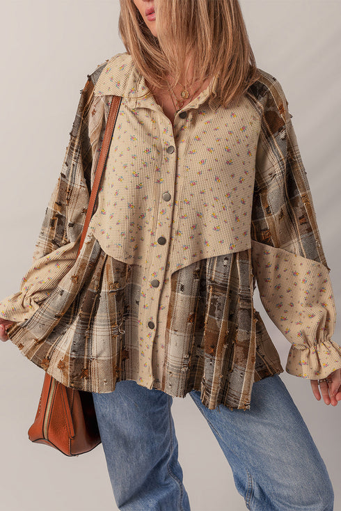 Bohemian Floral Plaid Patchwork Distressed Waffle Knit Shacket