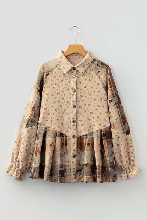 Bohemian Floral Plaid Patchwork Distressed Waffle Knit Shacket