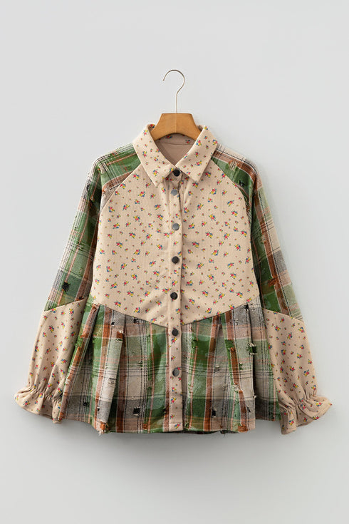Bohemian Floral Plaid Patchwork Distressed Waffle Knit Shacket