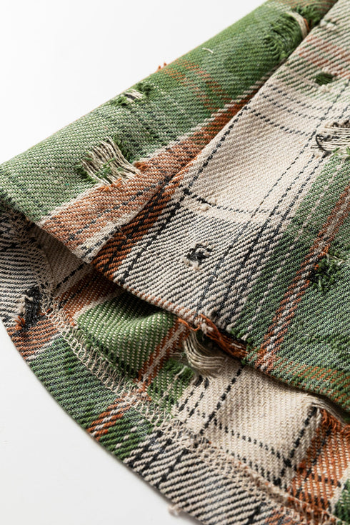 Bohemian Floral Plaid Patchwork Distressed Waffle Knit Shacket