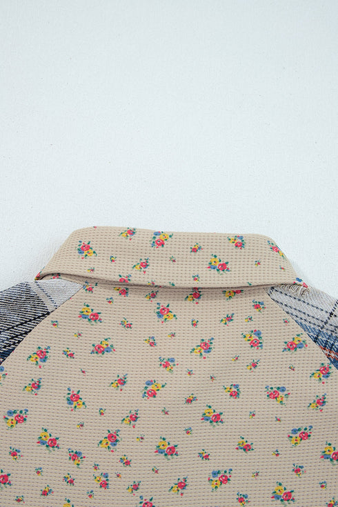 Bohemian Floral Plaid Patchwork Distressed Waffle Knit Shacket
