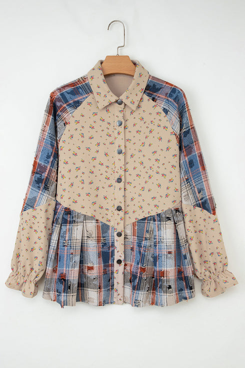 Bohemian Floral Plaid Patchwork Distressed Waffle Knit Shacket
