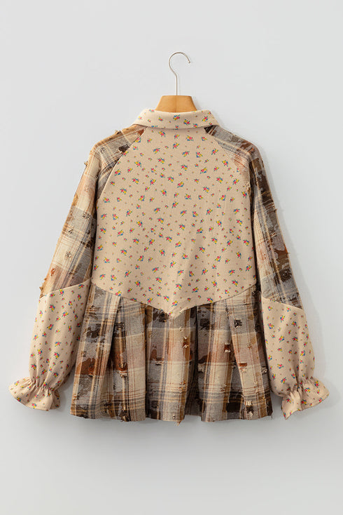Bohemian Floral Plaid Patchwork Distressed Waffle Knit Shacket