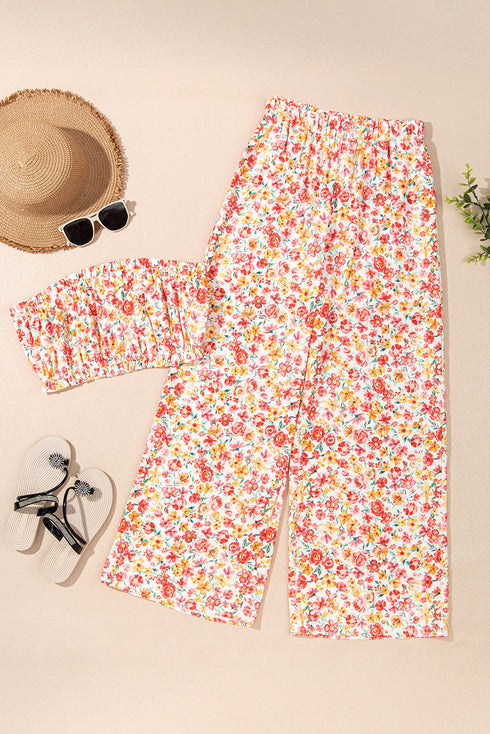 Bohemian Floral Print Bandeau Wide Leg Pant Set