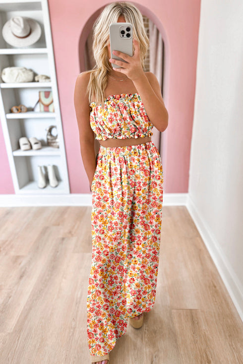 Bohemian Floral Print Bandeau Wide Leg Pant Set