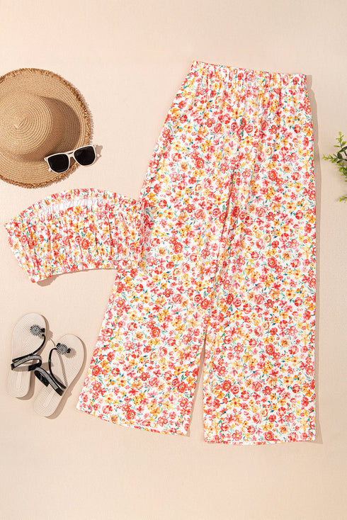 Bohemian Floral Print Bandeau Wide Leg Pant Set