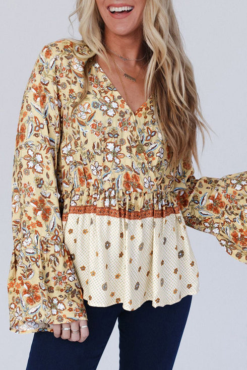 Bohemian Floral Print Bell Sleeve Peplum Wrap Blouse