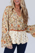 Bohemian Floral Print Bell Sleeve Peplum Wrap Blouse