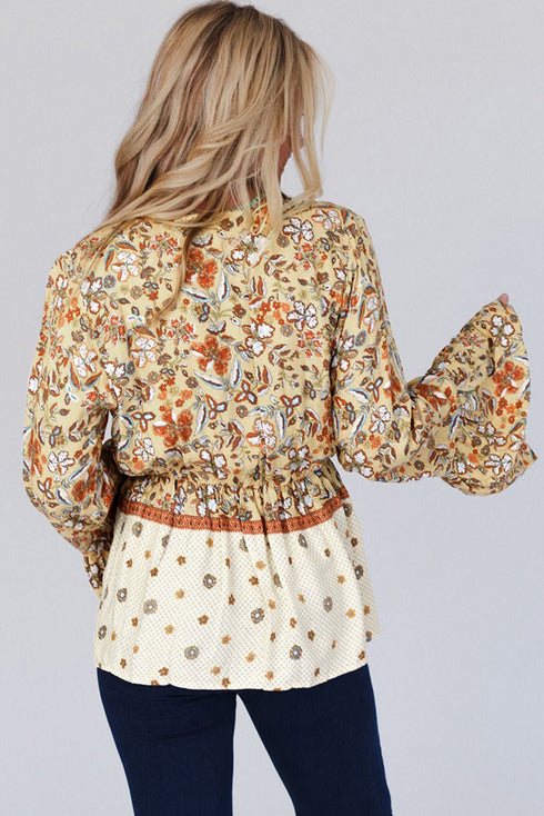 Bohemian Floral Print Bell Sleeve Peplum Wrap Blouse