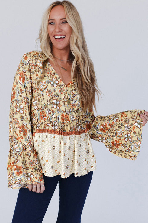 Bohemian Floral Print Bell Sleeve Peplum Wrap Blouse
