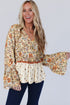 Bohemian Floral Print Bell Sleeve Peplum Wrap Blouse
