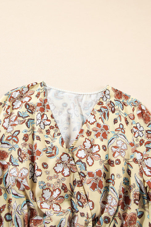 Bohemian Floral Print Bell Sleeve Peplum Wrap Blouse