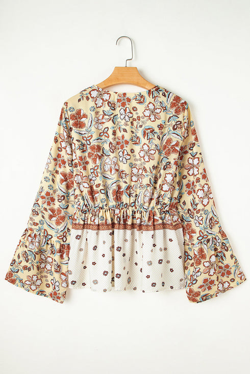 Bohemian Floral Print Bell Sleeve Peplum Wrap Blouse