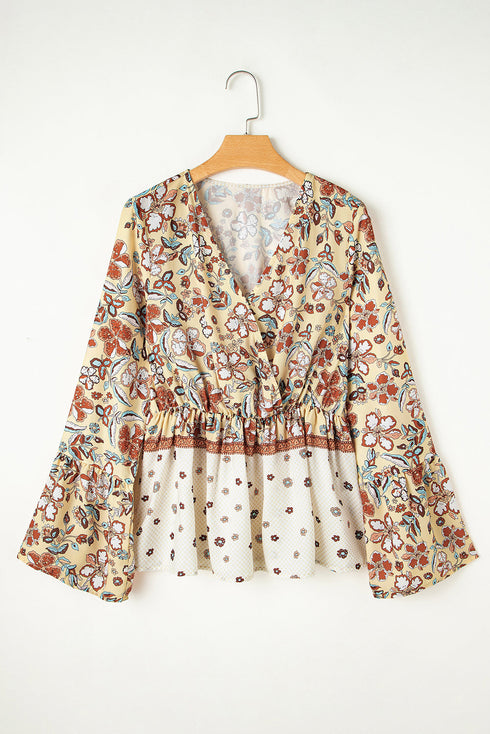 Bohemian Floral Print Bell Sleeve Peplum Wrap Blouse