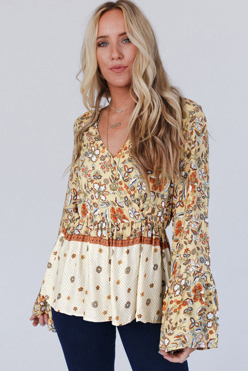 Bohemian Floral Print Bell Sleeve Peplum Wrap Blouse