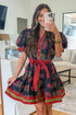 Bohemian Floral Print Belted Puff Sleeve A Line Dress