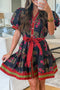 Bohemian Floral Print Belted Puff Sleeve A Line Dress