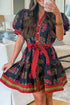 Bohemian Floral Print Belted Puff Sleeve A Line Dress