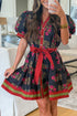 Bohemian Floral Print Belted Puff Sleeve A Line Dress