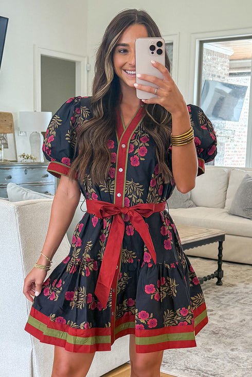 Bohemian Floral Print Belted Puff Sleeve A Line Dress