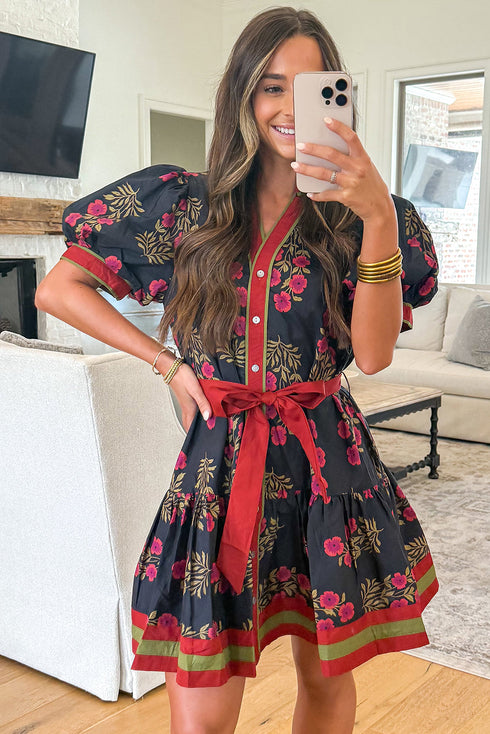 Bohemian Floral Print Belted Puff Sleeve A Line Dress