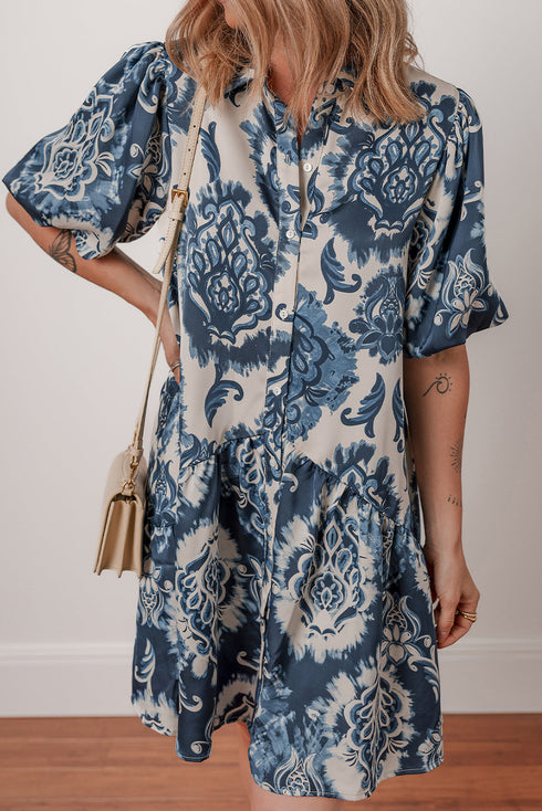 Bohemian Floral Print Collared Buttoned Loose H-Line Mini Dress