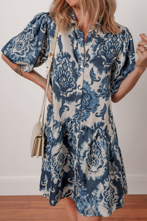 Bohemian Floral Print Collared Buttoned Loose H-Line Mini Dress