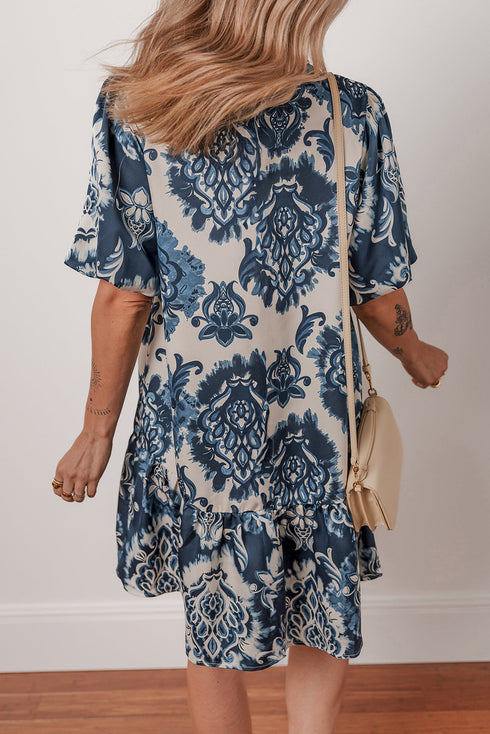 Bohemian Floral Print Collared Buttoned Loose H-Line Mini Dress