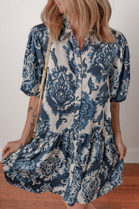 Bohemian Floral Print Collared Buttoned Loose H-Line Mini Dress