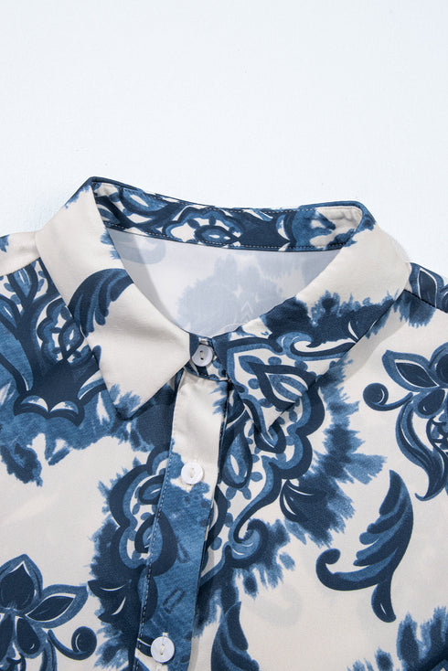 Bohemian Floral Print Collared Buttoned Loose H-Line Mini Dress