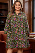 Bohemian Floral Print Collared V Neck Plus Size Mini Dress