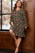Bohemian Floral Print Collared V Neck Plus Size Mini Dress