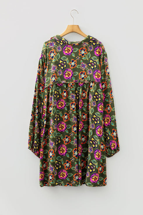 Bohemian Floral Print Collared V Neck Plus Size Mini Dress