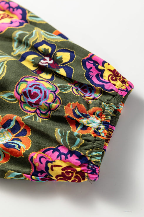 Bohemian Floral Print Collared V Neck Plus Size Mini Dress