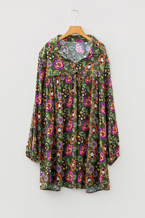 Bohemian Floral Print Collared V Neck Plus Size Mini Dress