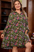 Bohemian Floral Print Collared V Neck Plus Size Mini Dress