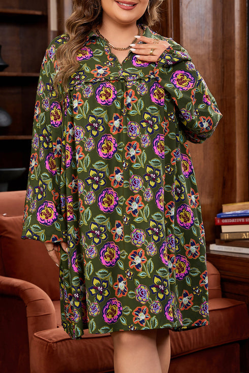 Bohemian Floral Print Collared V Neck Plus Size Mini Dress