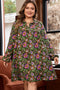 Bohemian Floral Print Collared V Neck Plus Size Mini Dress