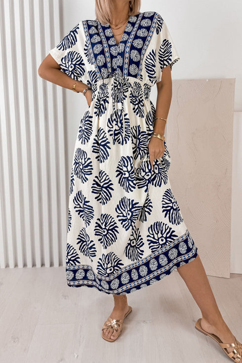 Bohemian Floral Print Contrast Patchwork V Neck Dolman Maxi Dress