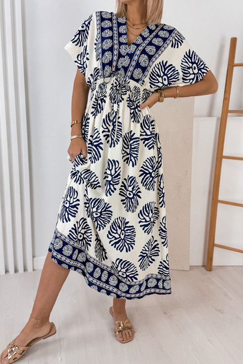 Bohemian Floral Print Contrast Patchwork V Neck Dolman Maxi Dress
