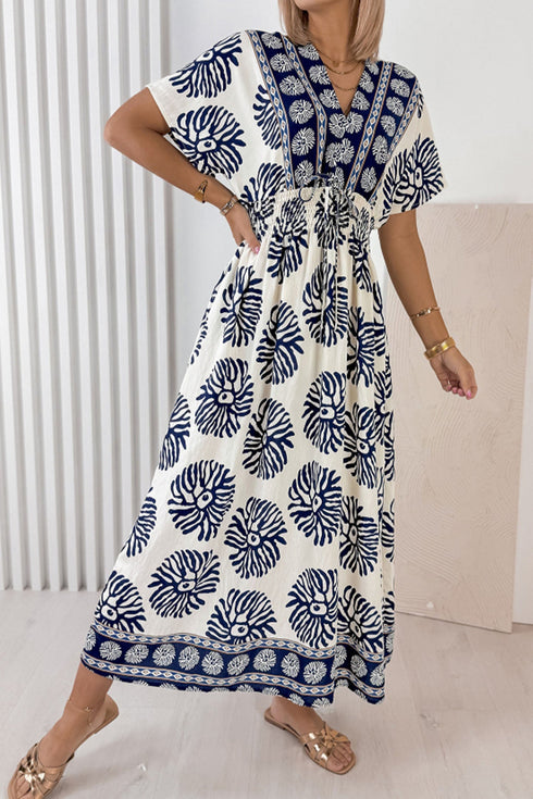 Bohemian Floral Print Contrast Patchwork V Neck Dolman Maxi Dress