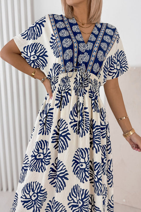 Bohemian Floral Print Contrast Patchwork V Neck Dolman Maxi Dress