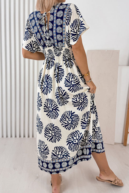 Bohemian Floral Print Contrast Patchwork V Neck Dolman Maxi Dress