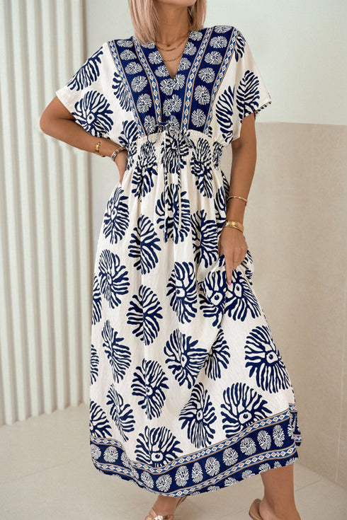 Bohemian Floral Print Contrast Patchwork V Neck Dolman Maxi Dress